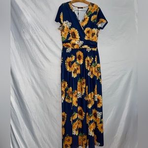 Ouges Women's Dress Sz L Sunflower  print V Neck Maxi Short Sleeve Stretch NWT